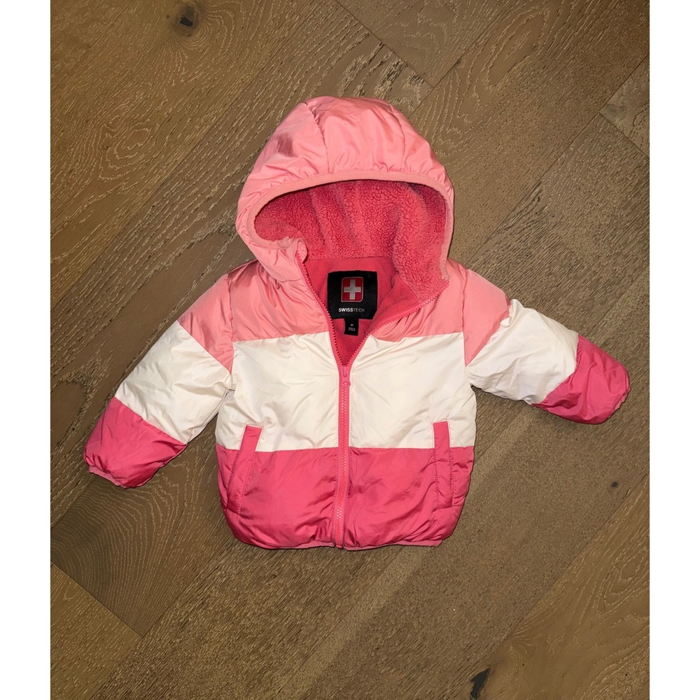 SwissTech Kids Pink White Colorblock Hooded Puffer Jacket Fleece Lined Size 2T
